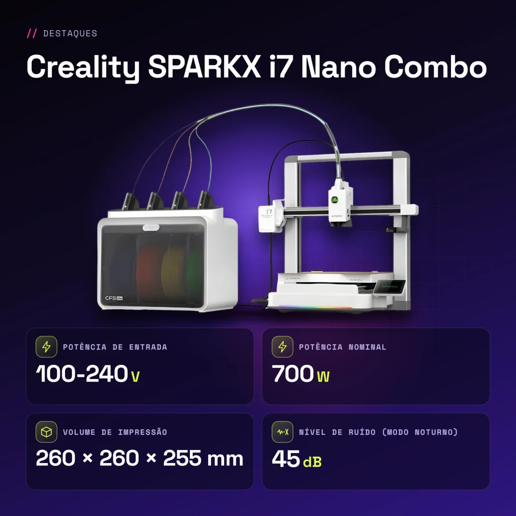Impressora 3D Creality SPARKX i7 Nano Combo CFS Lite 4 Filamentos FDM 500mm/s - características