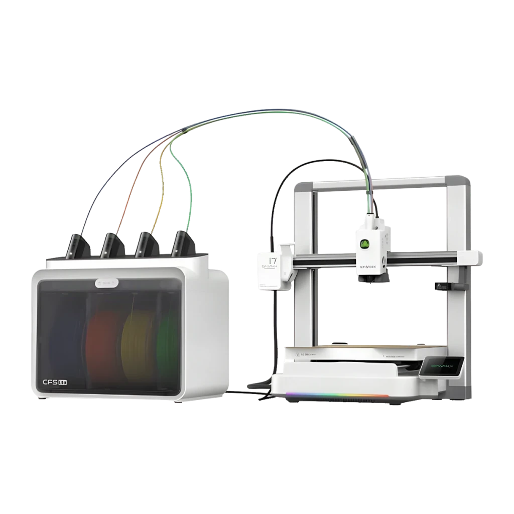 Imprimante 3D Creality SPARKX i7 Nano Combo CFS Lite 4 Filaments FDM 500mm/s, vue latérale: imprimante blanche avec unité