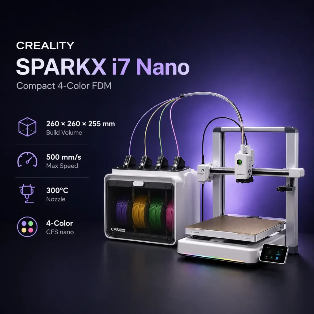 Imprimante 3D Creality SPARKX i7 Nano Combo CFS Lite 4 Filaments FDM 500mm/s, vue latérale: imprimante avec CFS Nano et 4