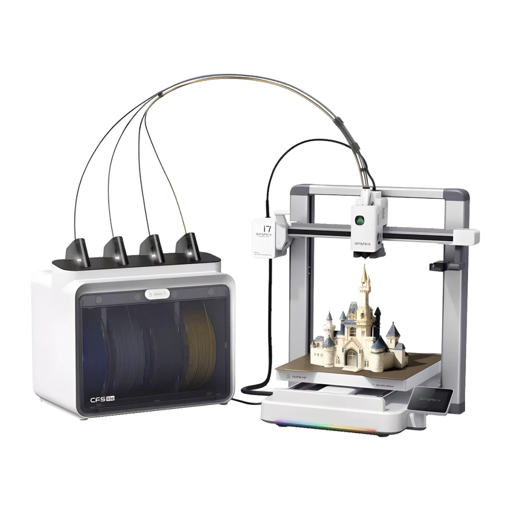 Imprimante 3D Creality SPARKX i7 Nano Combo CFS Lite 4 Filaments FDM 500mm/s, vue latérale: imprimante avec château imprimé