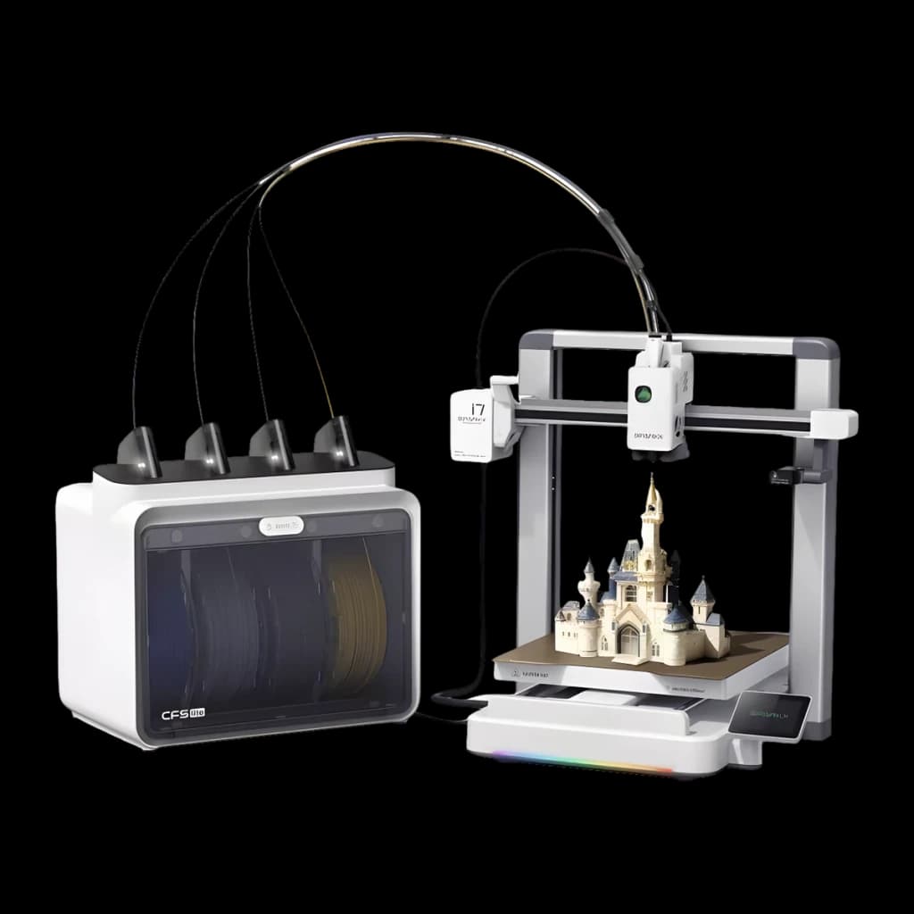 Imprimante 3D Creality SPARKX i7 Nano Combo CFS Lite 4 Filaments FDM 500mm/s, vue latérale: imprimante avec château imprimé