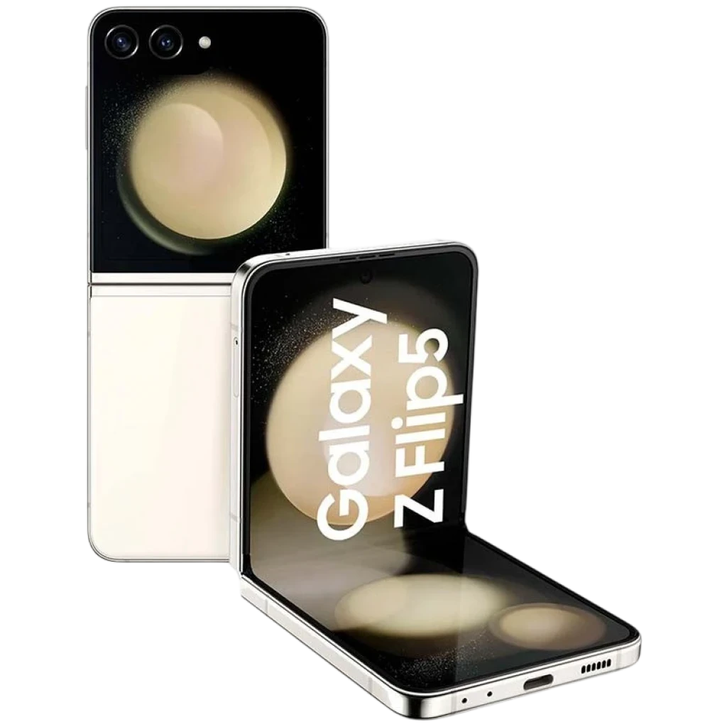 Samsung Galaxy Z Flip5 5G crema renovado, formato plegable, pantalla interna amplia y externa compacta, doble cámara trasera y bisagra metálica elegante - Ítem