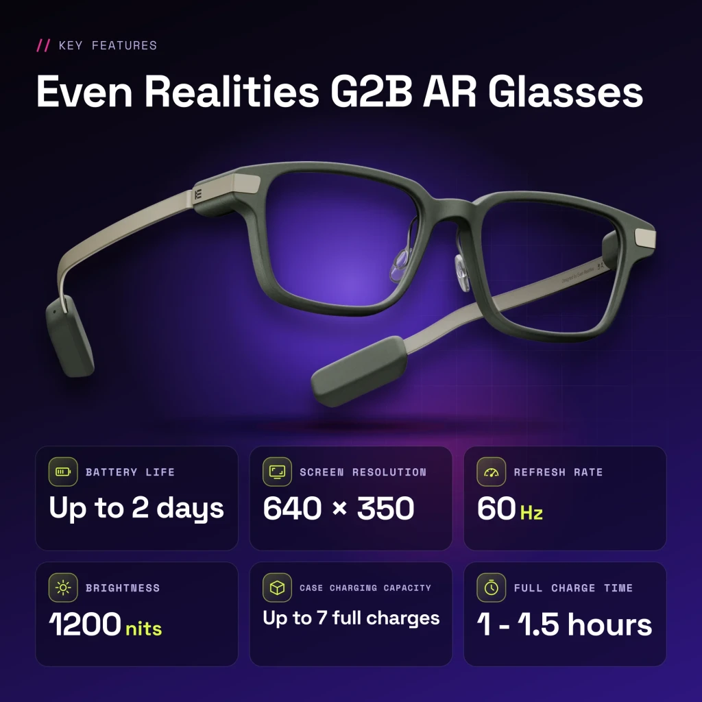 Even Realities G2B AR Glasses Verde Sin cámara 4 micrófonos Graduable - características
