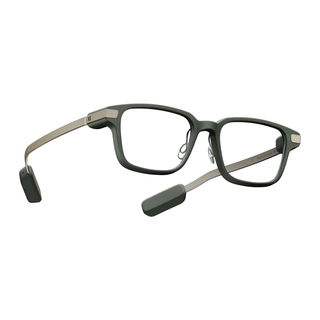Even Realities G2B AR Glasses Verde Sin cámara 4 micrófonos Graduable, vista trasera en ángulo: varillas metálicas y módulos