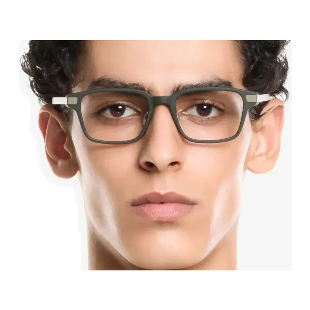 Even Realities G2B AR Glasses Verde Sin cámara 4 micrófonos Graduable, vista frontal: modelo con montura rectangular verde