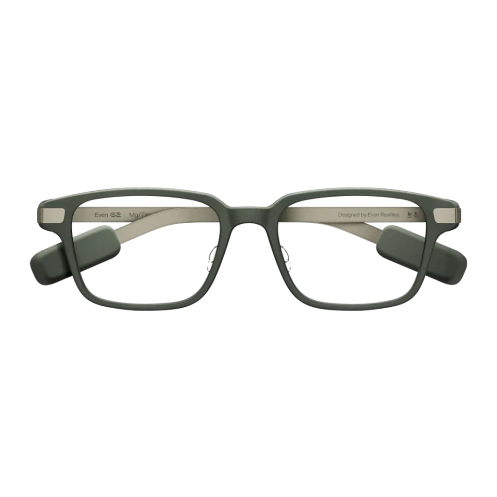 Even Realities G2B AR Glasses Gris Micro LED 640×400 Waveguides binocular, vista frontal: montura rectangular gris mate