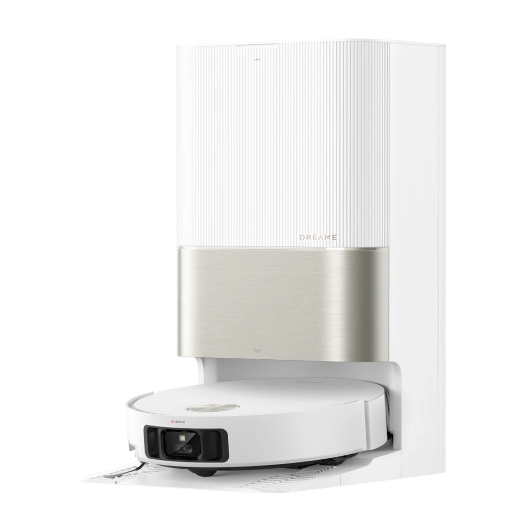 Dreame Robot X50 Ultra Branco, vista frontal em ângulo: robô acoplado à base com anel LiDAR azul e módulo de câmeras AI - Item2