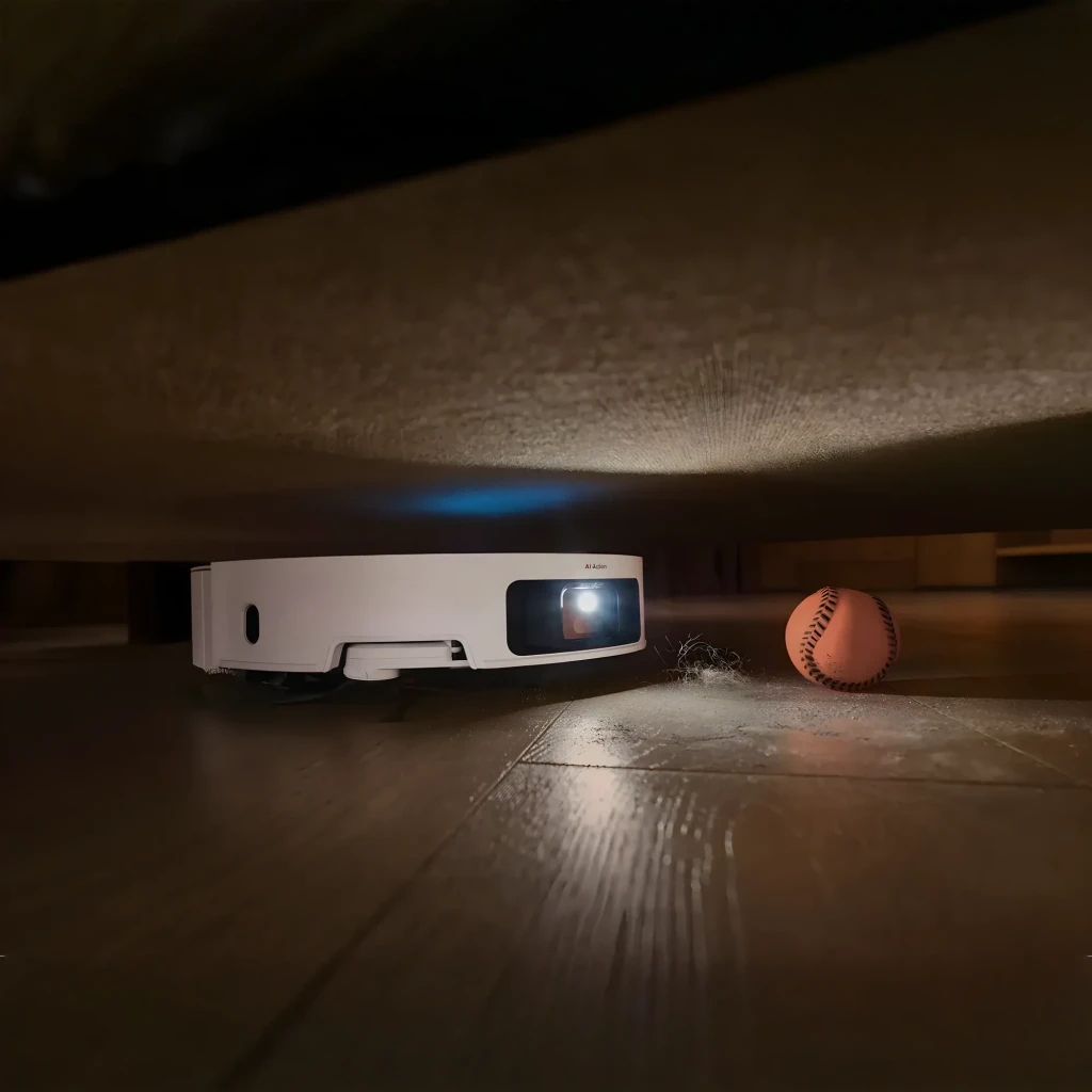 Dreame Robot X50 Ultra Branco, vista frontal em ângulo: robô acoplado à base com anel LiDAR azul e módulo de câmeras AI - Item8