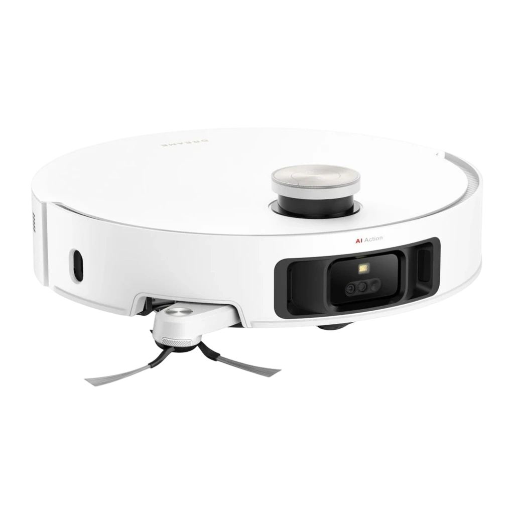 Dreame Robot X50 Ultra Branco, vista frontal em ângulo: robô acoplado à base com anel LiDAR azul e módulo de câmeras AI - Item1