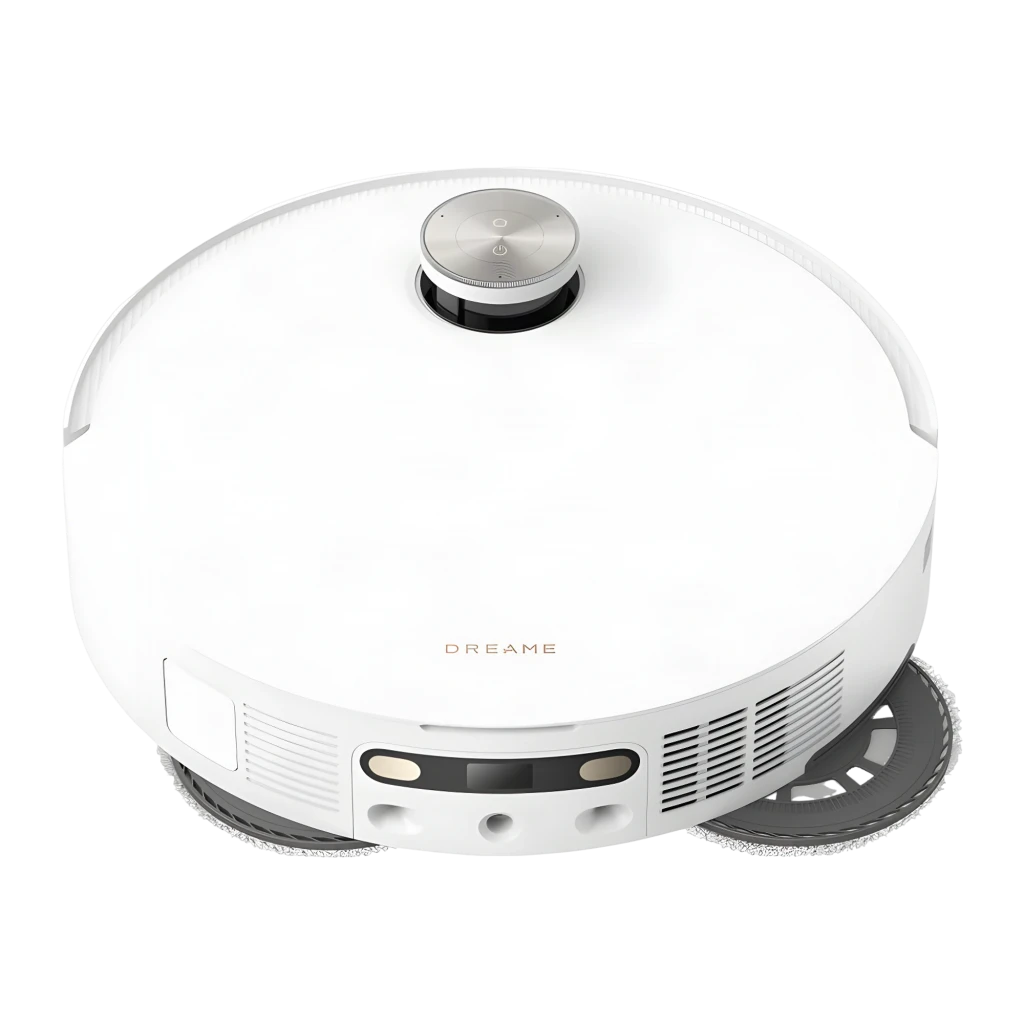 Dreame Robot X50 Ultra Branco, vista frontal em ângulo: robô acoplado à base com anel LiDAR azul e módulo de câmeras AI - Item3
