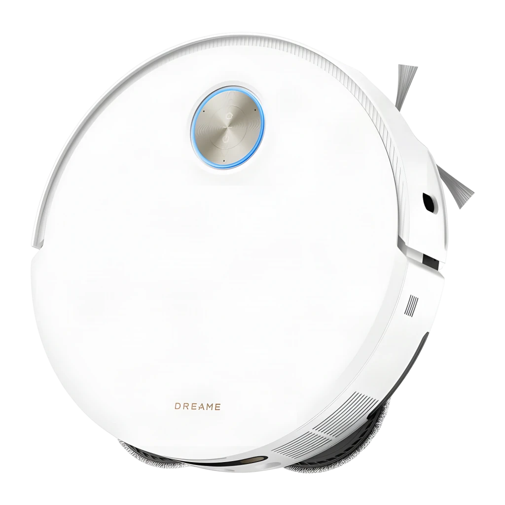 Dreame Robot X50 Ultra Branco, vista frontal em ângulo: robô acoplado à base com anel LiDAR azul e módulo de câmeras AI - Item4