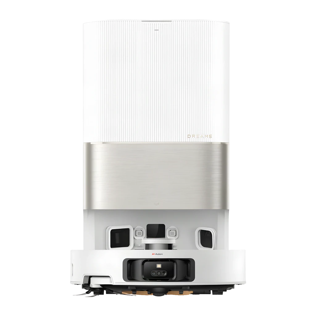 Dreame Robot X50 Ultra Branco, vista frontal em ângulo: robô acoplado à base com anel LiDAR azul e módulo de câmeras AI - Item5
