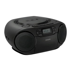 Philips Reproductor CD portátil TAZ2500 negro, vista frontal en ángulo: altavoces laterales, lector CD superior y pantalla