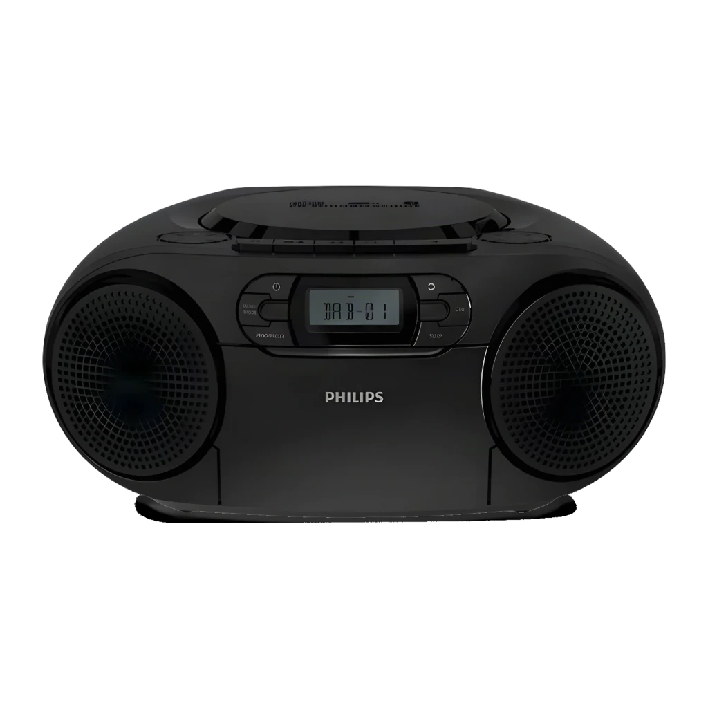 Philips Reproductor CD portátil TAZ2500 negro, vista frontal en ángulo: altavoces laterales, lector CD superior y pantalla - Ítem1