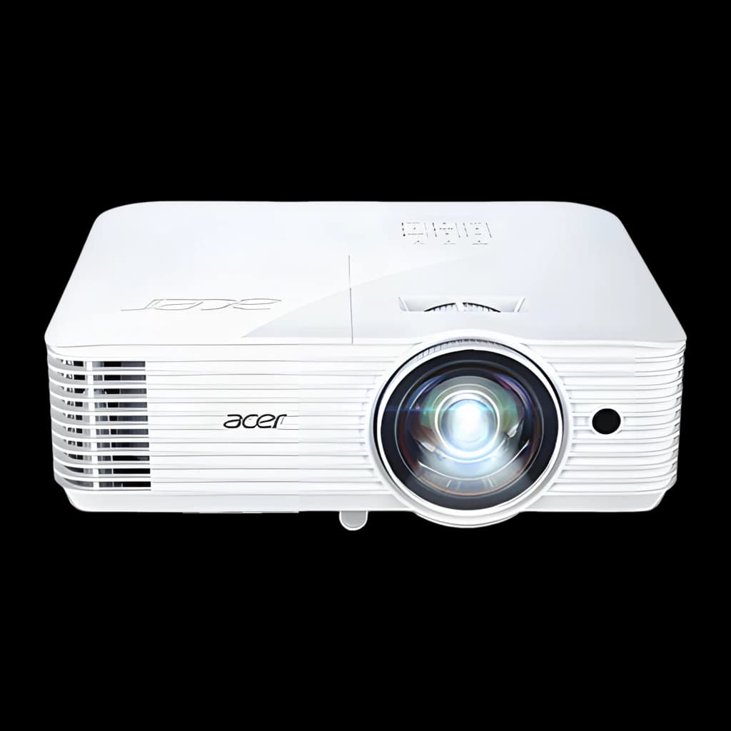 Acer S1286Hn blanc, vue avant supérieure: objectif grand angle, grilles de ventilation et logo Acer visibles