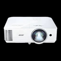 Acer S1286Hn blanc, vue avant supérieure: objectif grand angle, grilles de ventilation et logo Acer visibles
