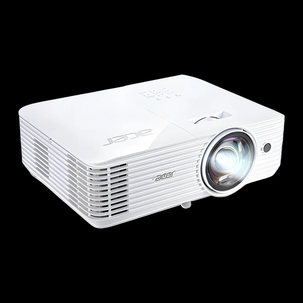 Acer Projecteur S1286Hn blanc, vue latérale: objectif frontal, grilles de ventilation et logo Acer visibles