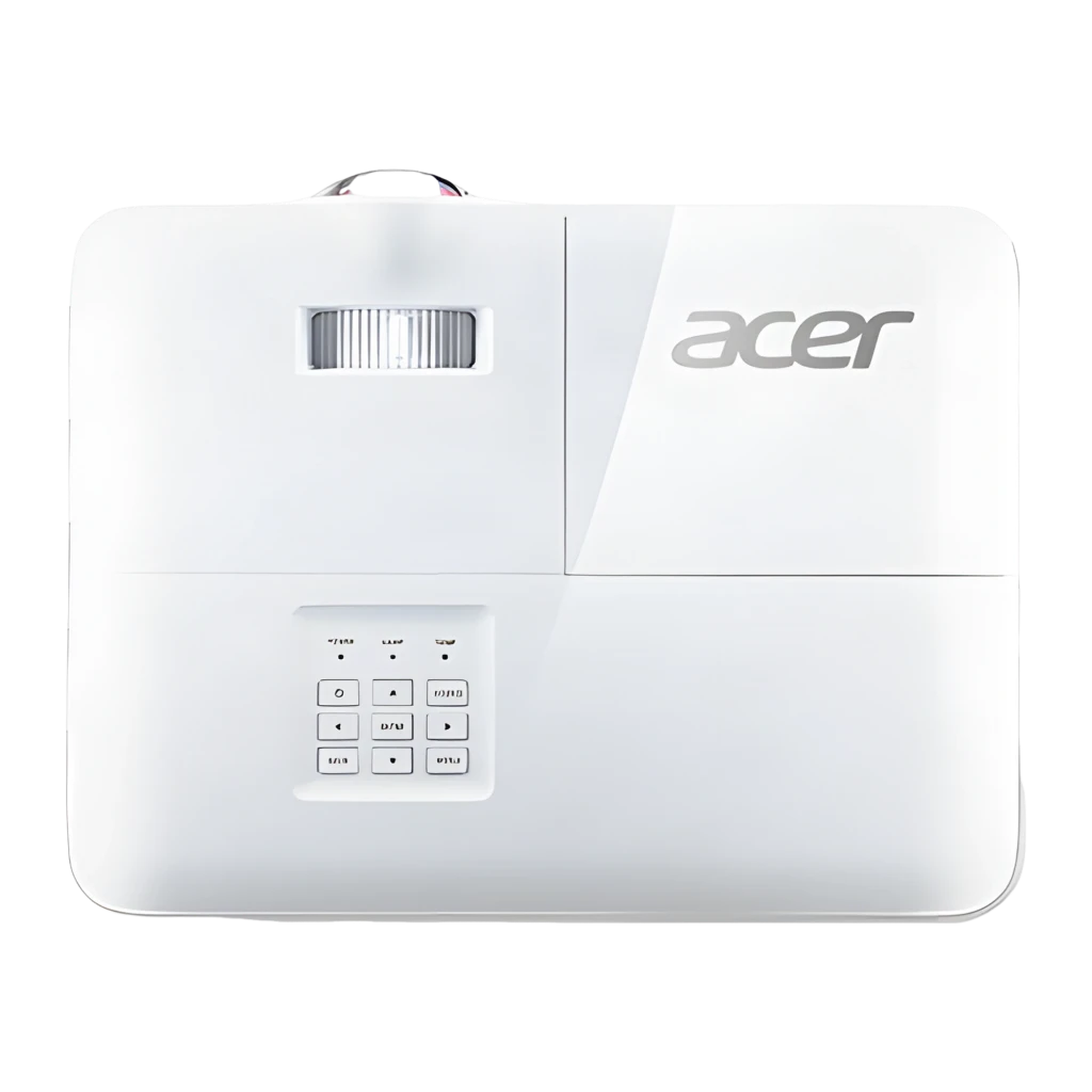 Acer S1286Hn blanco, vista frontal superior: objetivo gran angular, rejillas de ventilación y logo Acer visibles - Ítem4
