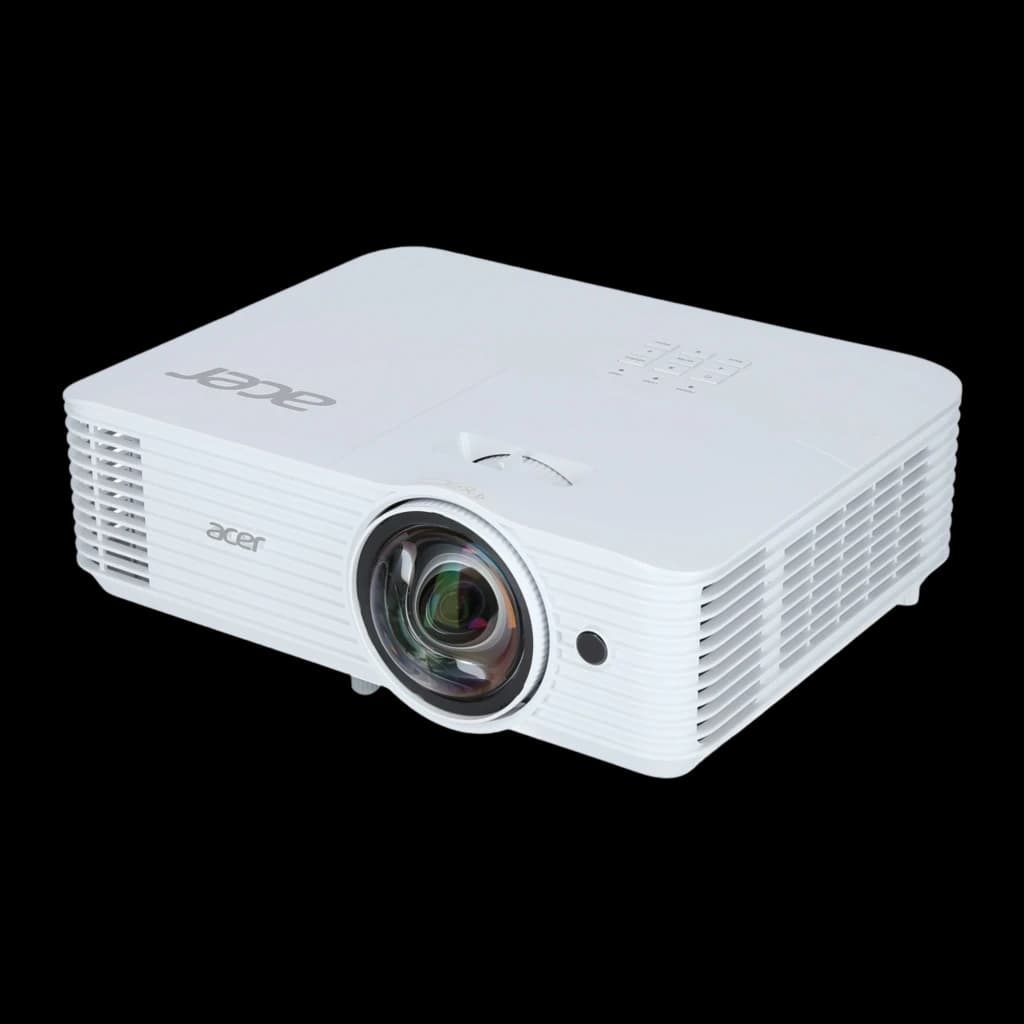 Acer S1286Hn blanc, vue avant-latérale: objectif grand angle, grilles de ventilation et panneau de boutons supérieur