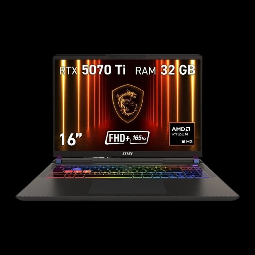 MSI Vector A16 1TB Gris, vista frontal: pantalla con specs RTX 5070 Ti y teclado RGB iluminado