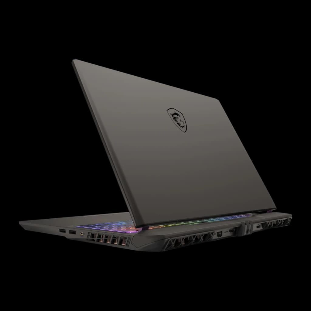 MSI Vector A16 HX 1TB gris, vista trasera izquierda: tapa con logo dragón, puertos traseros y rejillas de ventilación RGB