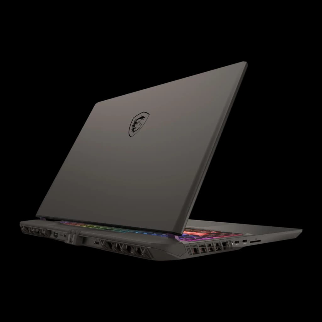 MSI Vector A16 HX 1TB gris, vista trasera derecha: tapa lisa con logo dragón, puertos laterales derechos y rejillas RGB