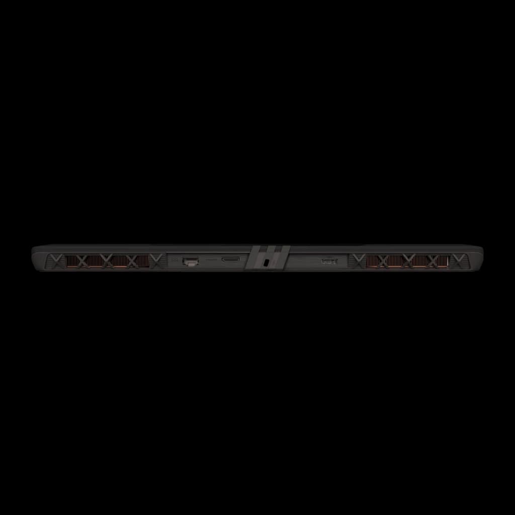 MSI Vector A16 HX 1TB Gris, vista trasera: puertos USB-C y HDMI centrales con rejillas de ventilación laterales en naranja