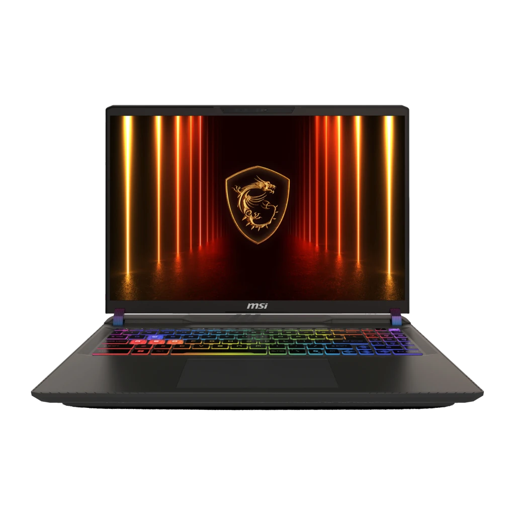 MSI Vector A16 1TB Cinzento, vista frontal: ecrã com specs RTX 5070 Ti e teclado RGB iluminado - Item6
