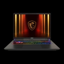 MSI Vector A16 HX 1TB Gris, vista frontal: pantalla con logo dragón, teclado RGB multicolor iluminado y bisagras moradas