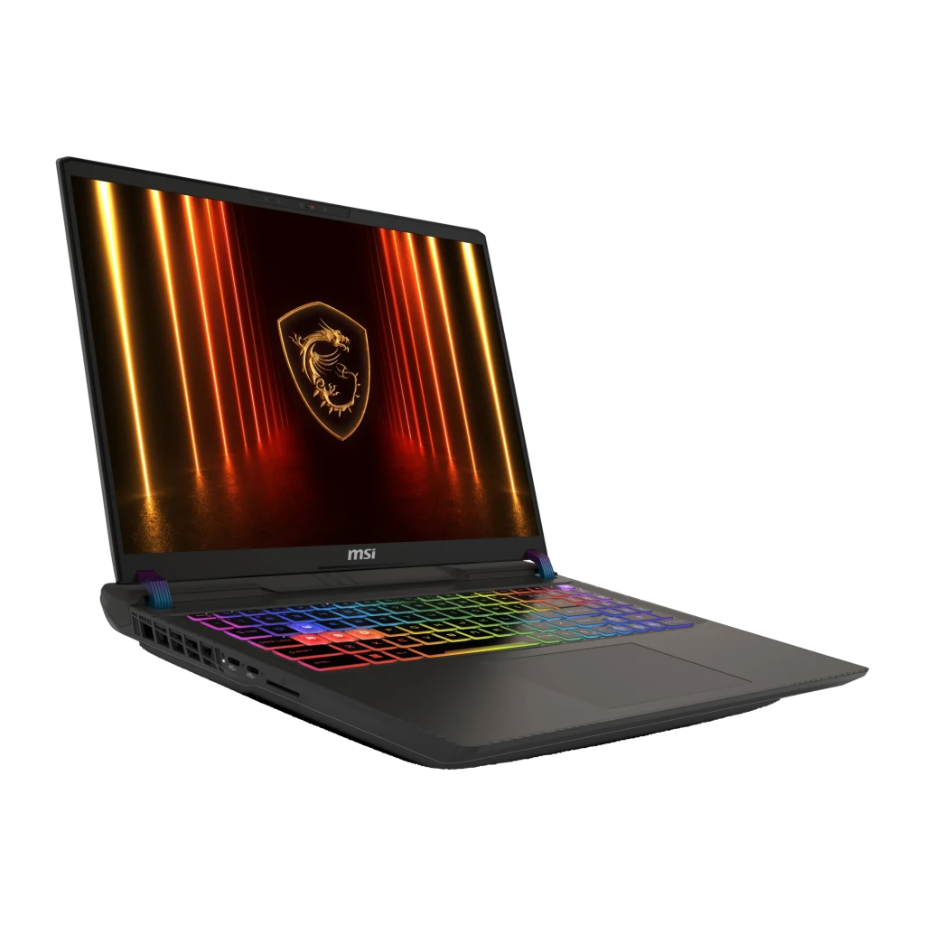 MSI Vector A16 1TB Cinzento, vista frontal: ecrã com specs RTX 5070 Ti e teclado RGB iluminado - Item7