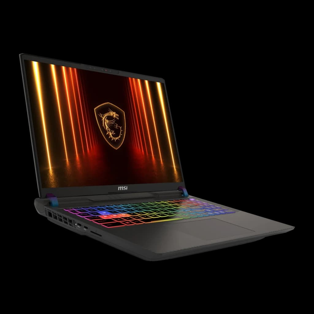 MSI Vector A16 HX 1TB Gris, vista en ángulo: teclado RGB arcoíris iluminado y pantalla con logo dragón MSI