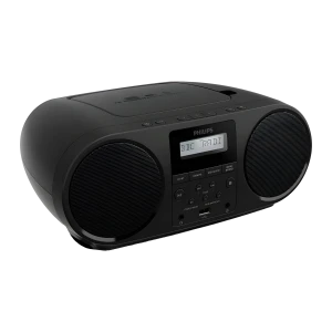 Philips Reproductor CD portátil TAZ6000/10 negro, vista en ángulo: altavoces laterales, pantalla LCD y controles frontales
