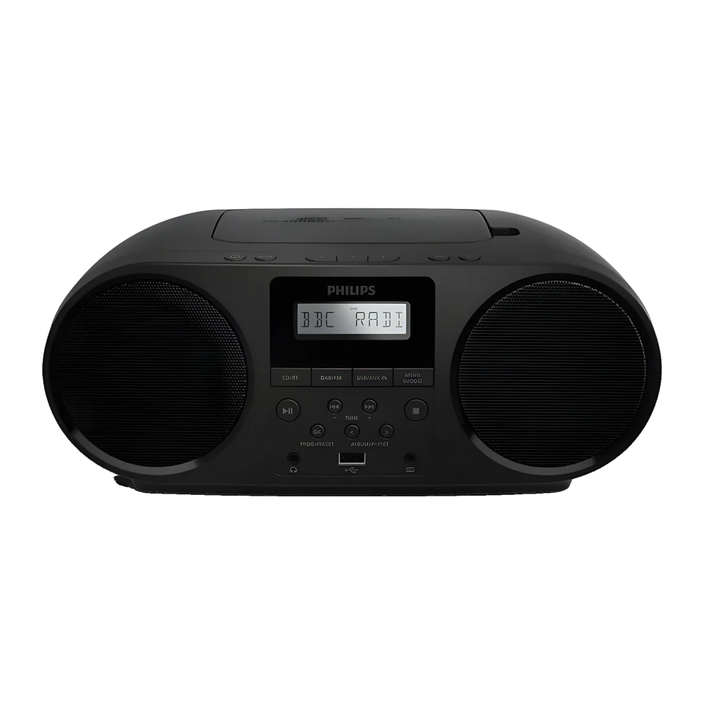 Philips Reproductor CD portátil TAZ6000/10 negro, vista en ángulo: altavoces laterales, pantalla LCD y controles frontales - Ítem1