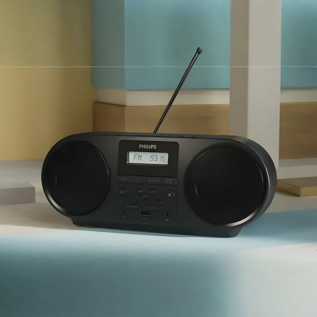 Philips Reproductor CD portátil TAZ6000/10 negro, vista en ángulo: altavoces laterales, pantalla LCD y controles frontales - Ítem4