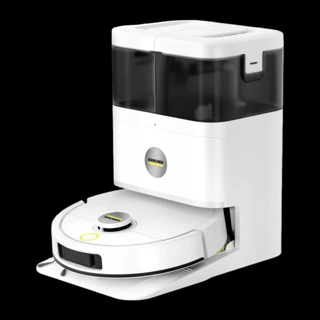 Kärcher RVM 4 Comfort 300 L blanc, vue latérale: robot aspirateur sur base de vidage automatique avec réservoir transparent