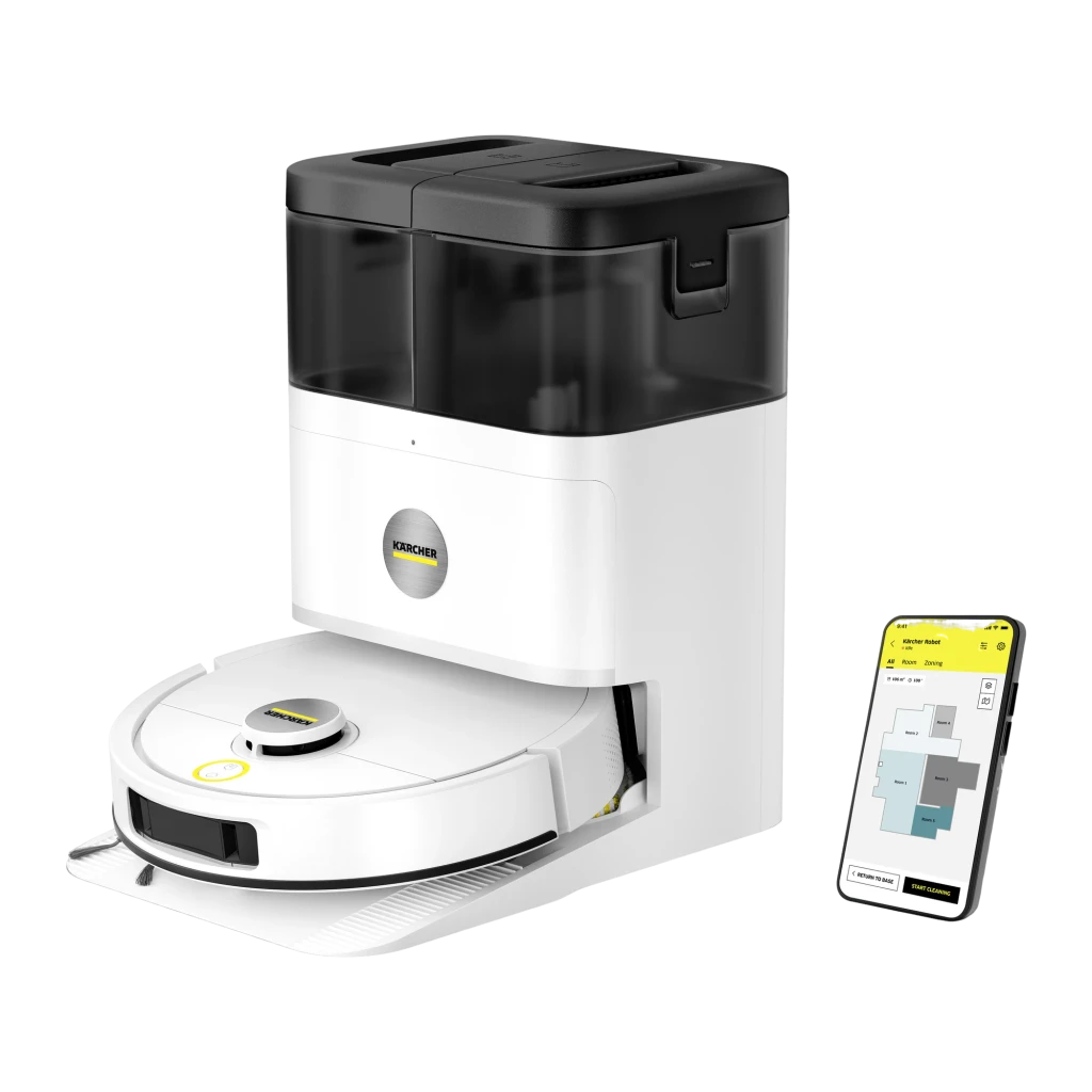 Kärcher RVM 4 Comfort 300 L branco, vista lateral: aspirador robô acoplado à base de esvaziamento automático com depósito - Item1