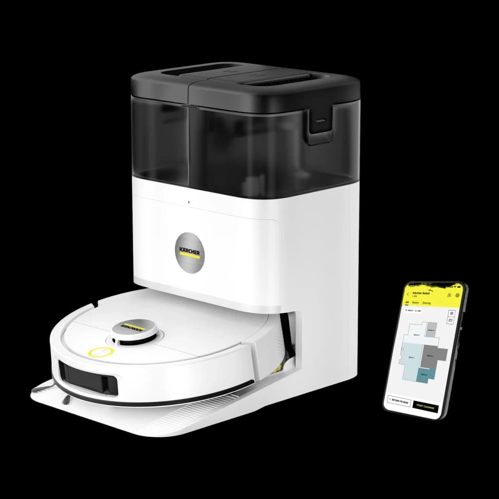 Kärcher RVM 4 Comfort 300 L blanc, vue avec app: robot sur base avec smartphone affichant la carte des pièces