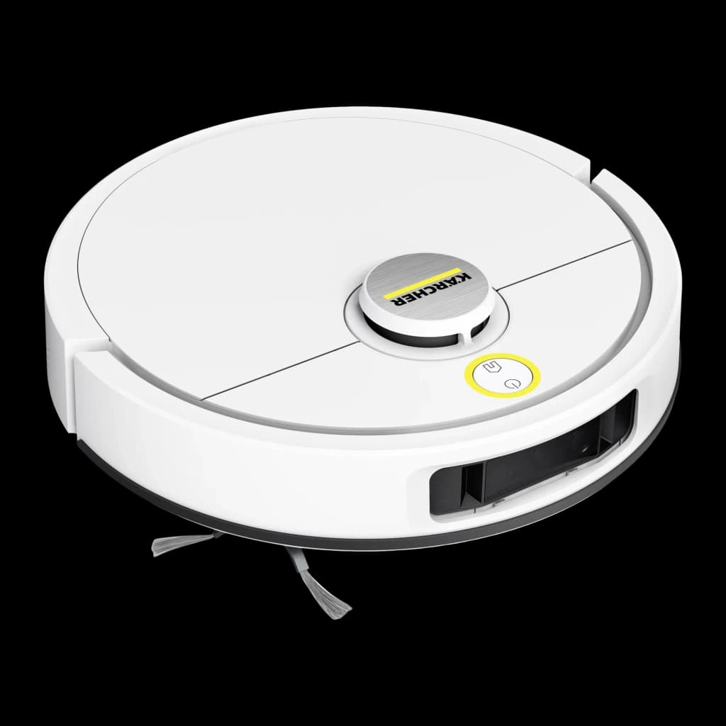 Kärcher RVM 4 Comfort 300 L blanc, vue du dessus: robot aspirateur seul avec capteur LiDAR central, bouton jaune et brosse
