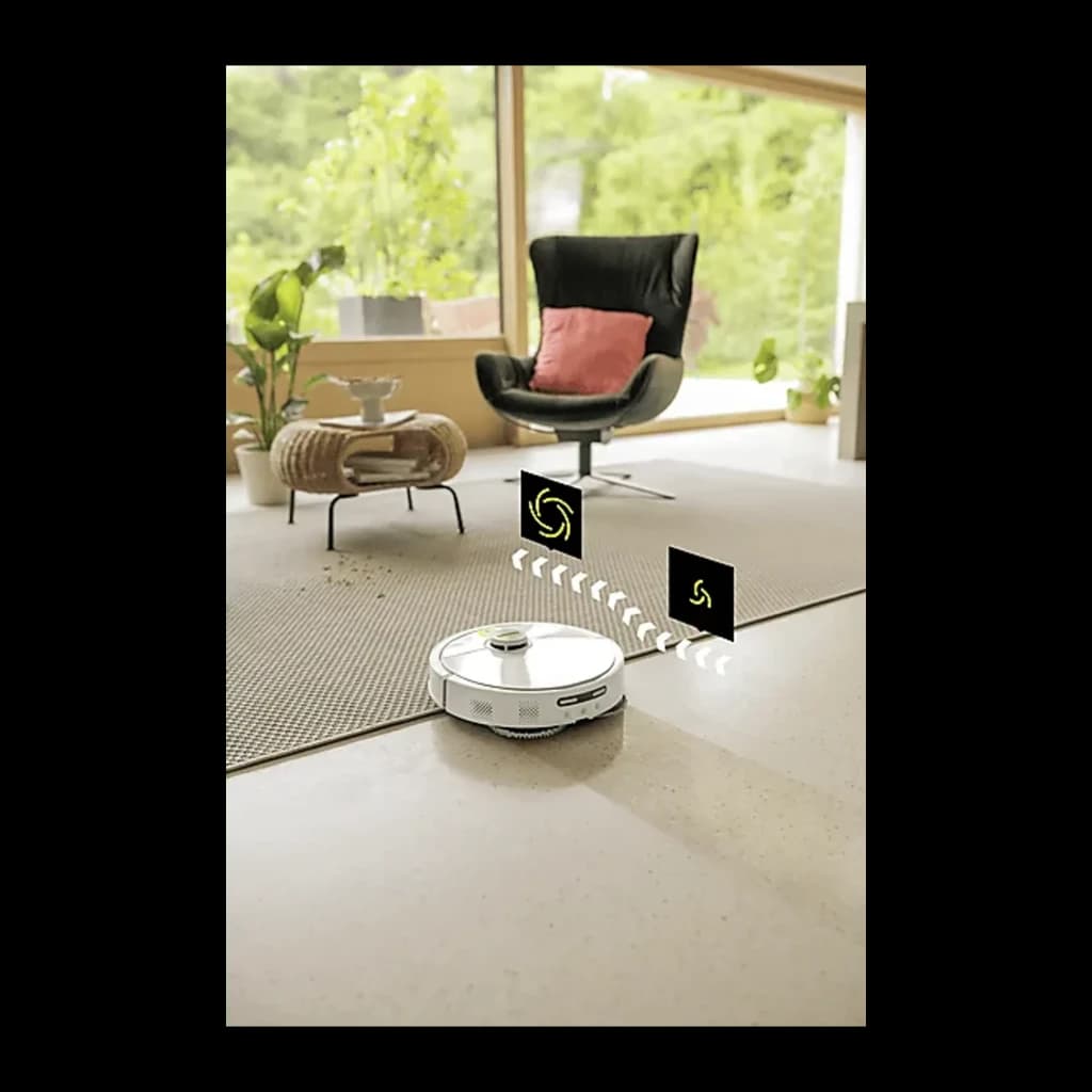 Kärcher RVM 4 Comfort 300 L Blanc, en action: aspirateur robot blanc nettoyant salon avec icônes de navigation animés