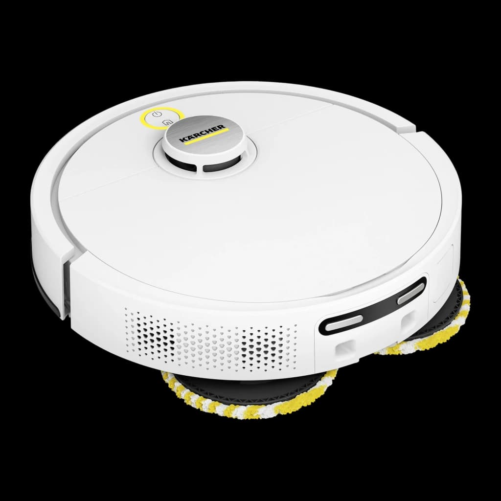 Kärcher RVM 4 Comfort 300 L blanc, vue diagonale avant: capteur LiDAR, grille de ventilation et serpillière rotative jaune