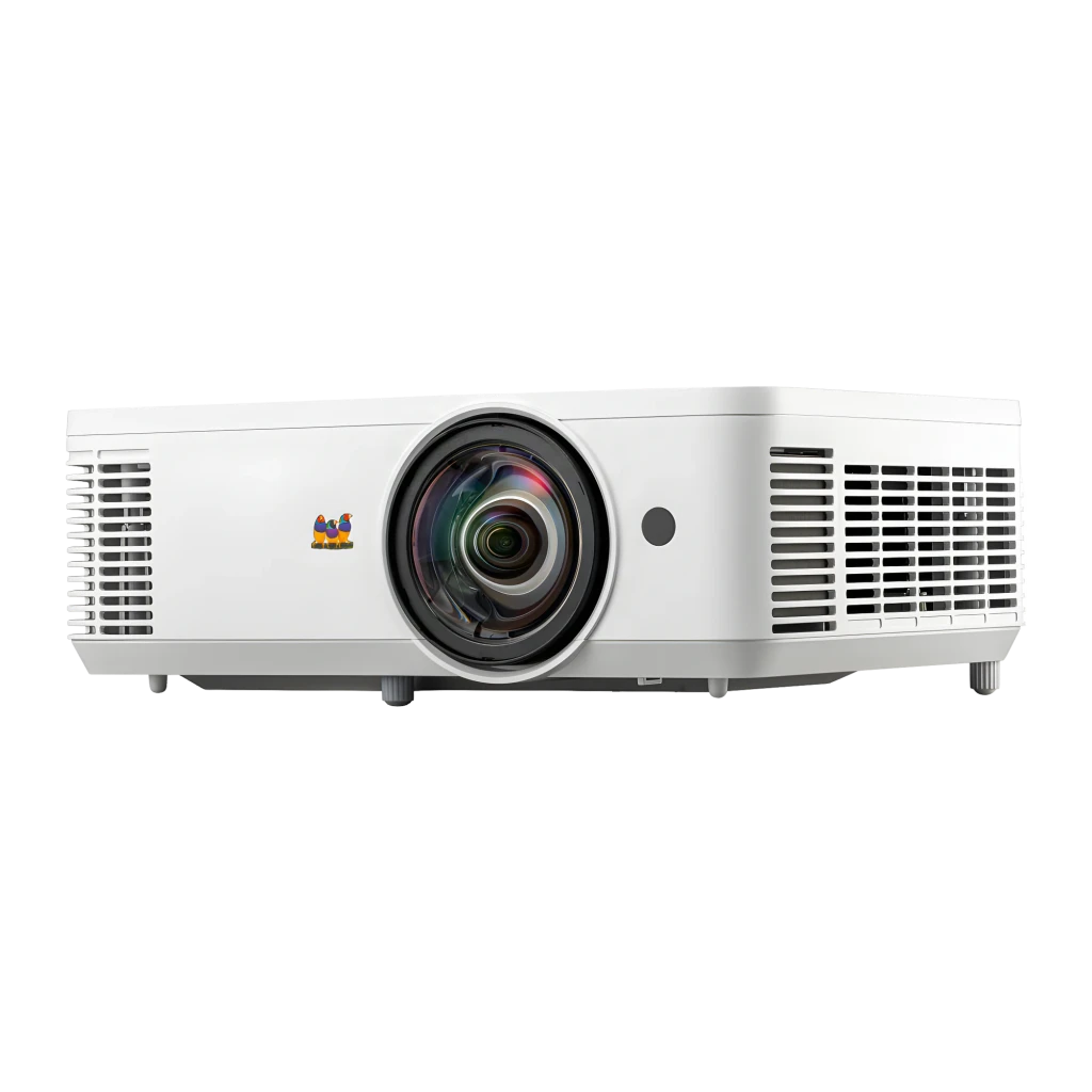 ViewSonic PS502X 4000lm XGA blanco, vista frontal lateral: objetivo gran angular, rejillas de ventilación y logo - Ítem2