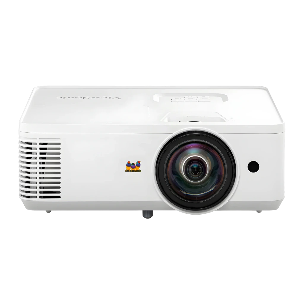 ViewSonic PS502X 4000lm XGA blanco, vista frontal lateral: objetivo gran angular, rejillas de ventilación y logo - Ítem1