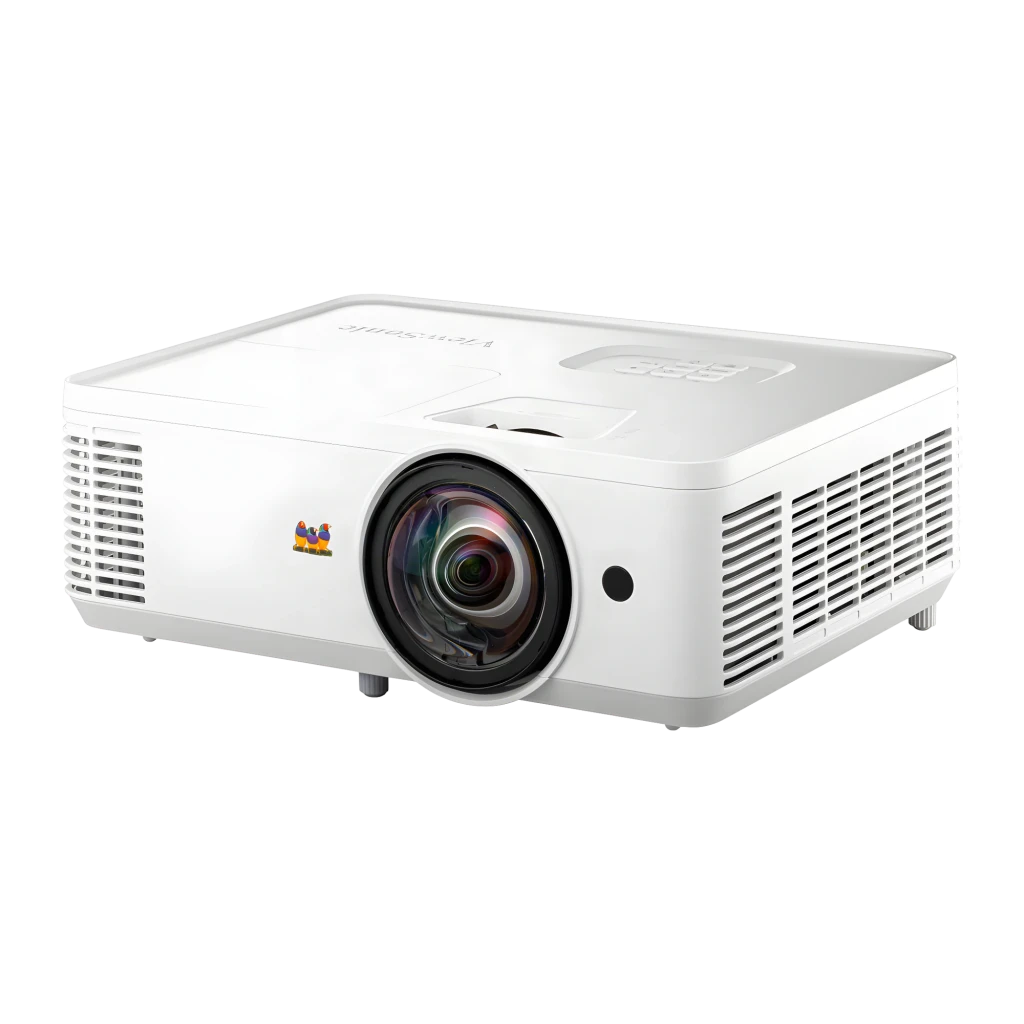 ViewSonic PS502X 4000lm XGA blanco, vista frontal lateral: objetivo gran angular, rejillas de ventilación y logo - Ítem6