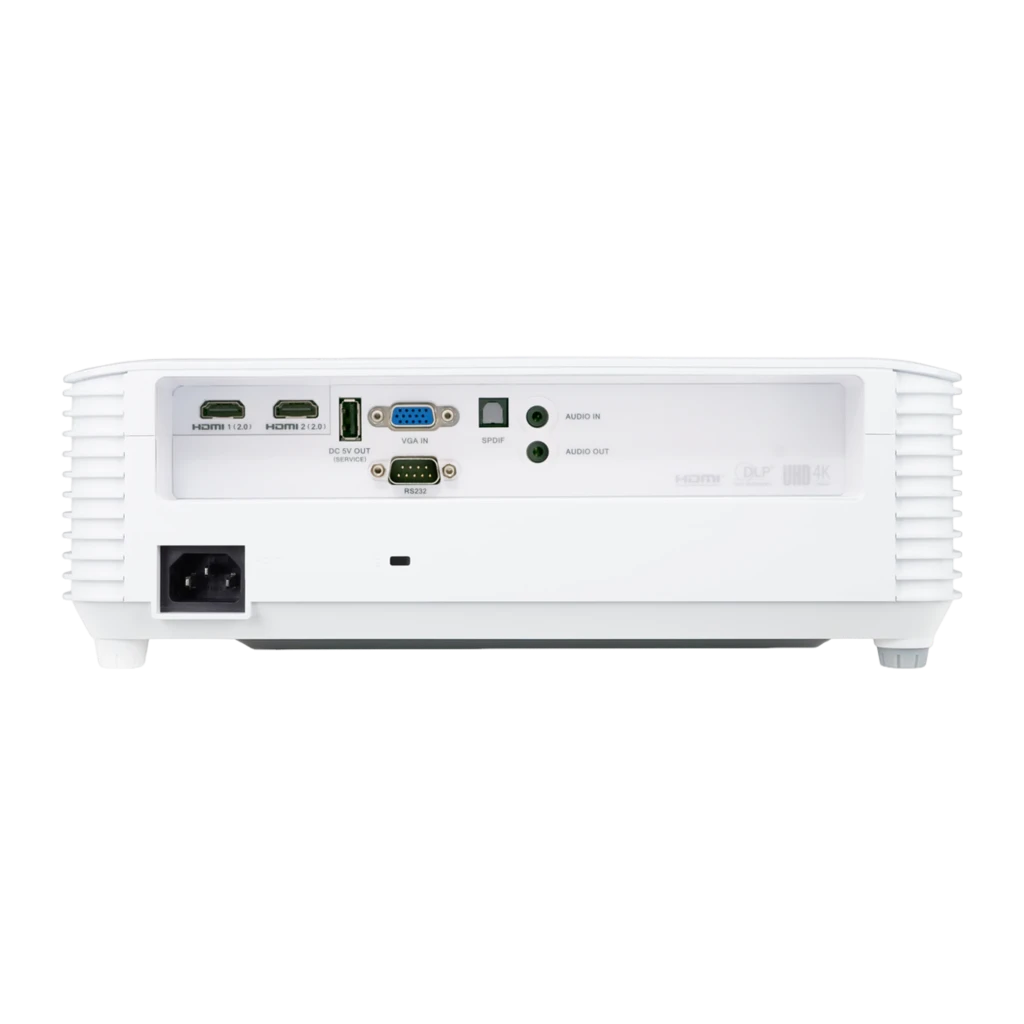 Acer H6815BD 4000 Lumens blanc, vue avant en angle: objectif éclairé, grilles de ventilation et logo Acer - Ítem1