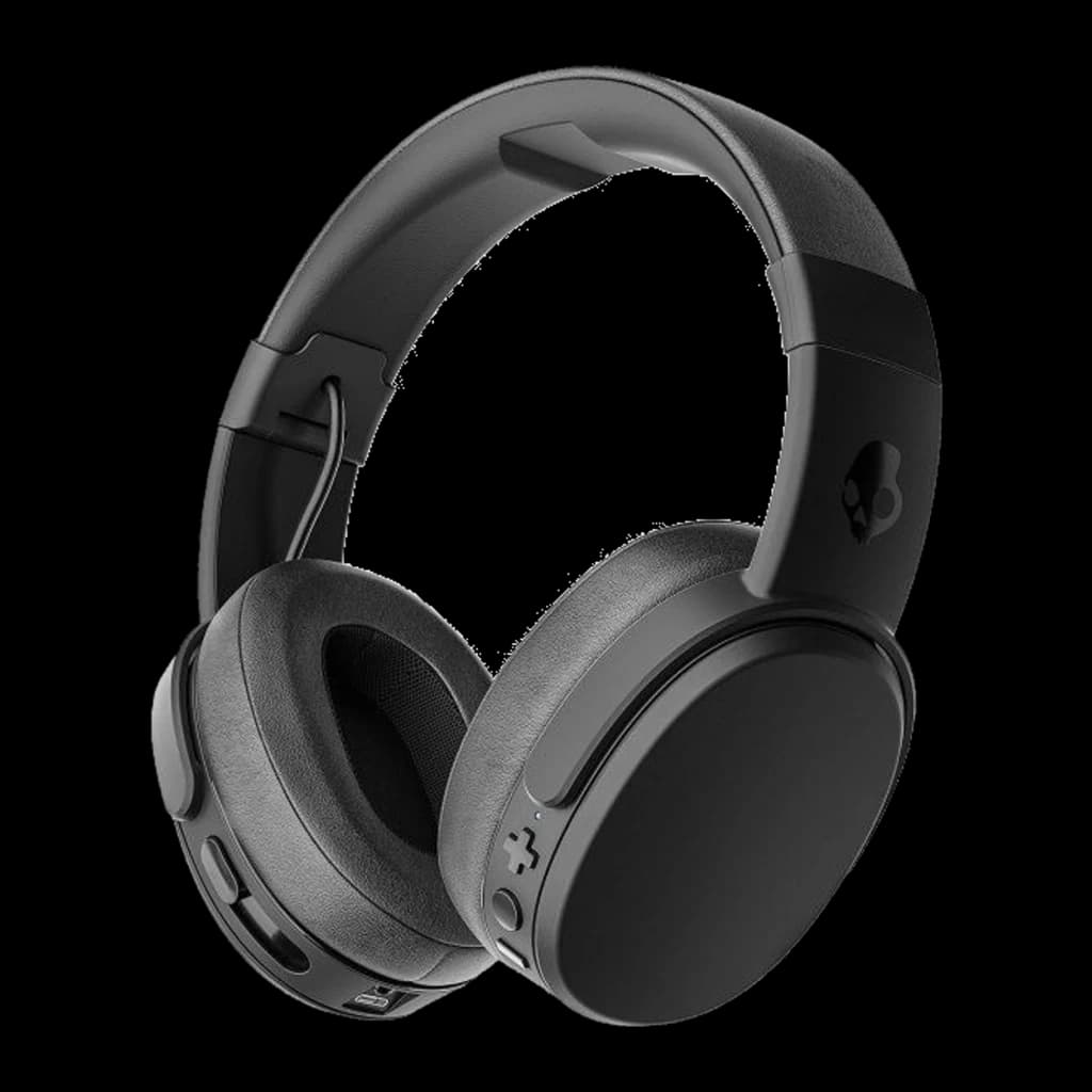 Skullcandy Crusher Wireless noir, vue de face en angle: casque over-ear avec coussinets et boutons de contrôle latéraux