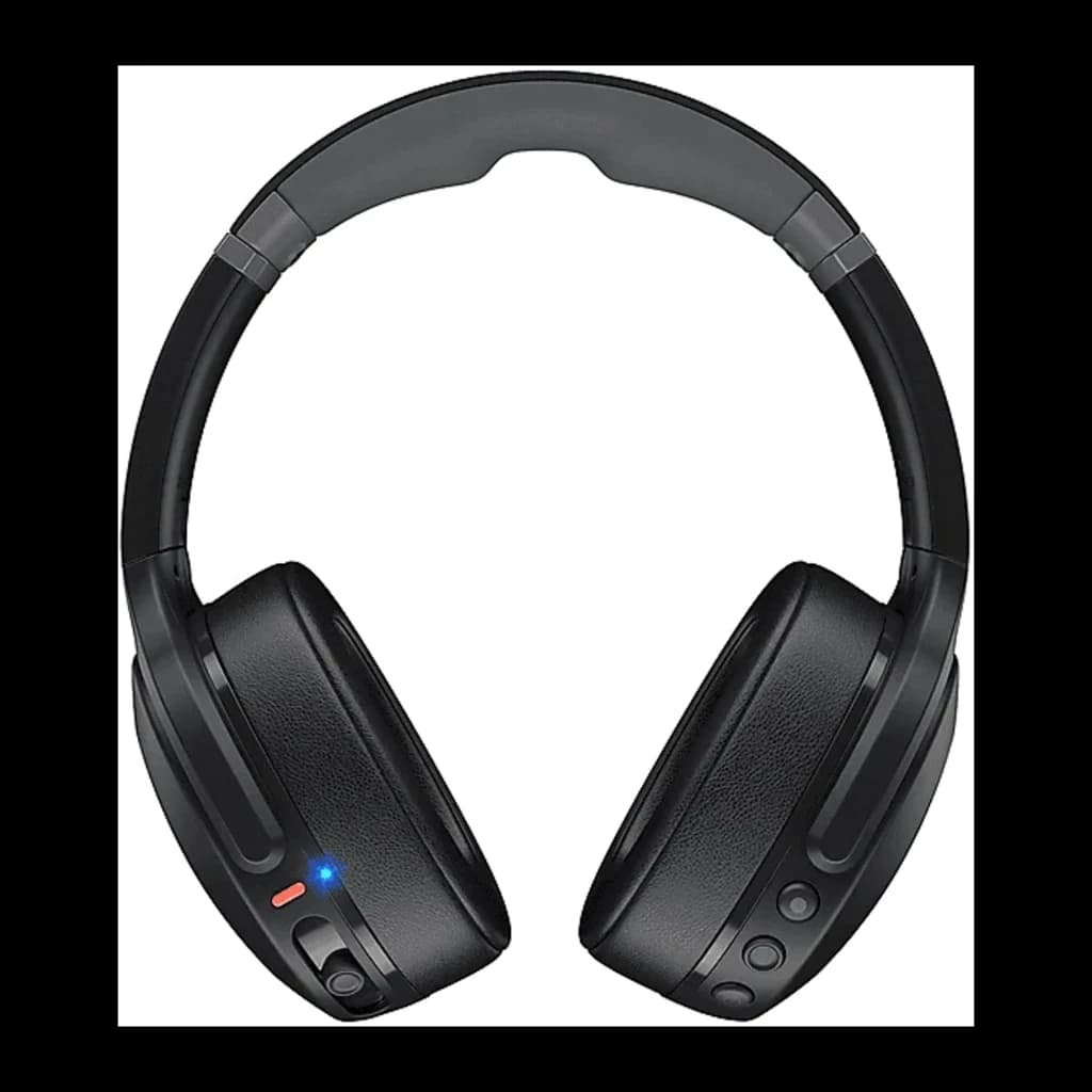 Skullcandy Crusher Wireless noir, vue de face: arceau, coussinets et LED bleue allumée sur l'oreillette gauche