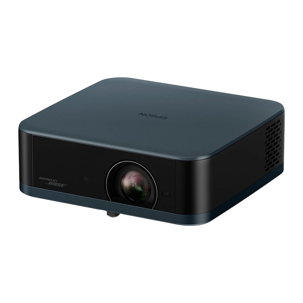 Epson Lifestudio Pop Plus EF-62N 4K 700lm bleu marine métallique, vue avant-latérale: objectif, grille Bose et dessus - Ítem1