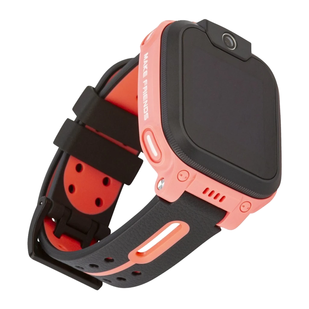 imoo Watch Phone Z1 rose, vue de face en angle: écran avec appel vidéo entrant, caméra frontale et bracelet bicolore - Ítem2