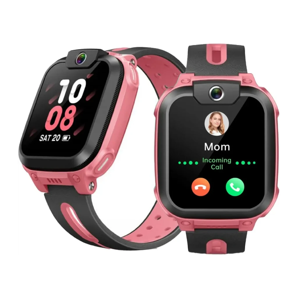 imoo Watch Phone Z1 rose, vue de face en angle: écran avec appel vidéo entrant, caméra frontale et bracelet bicolore - Ítem3