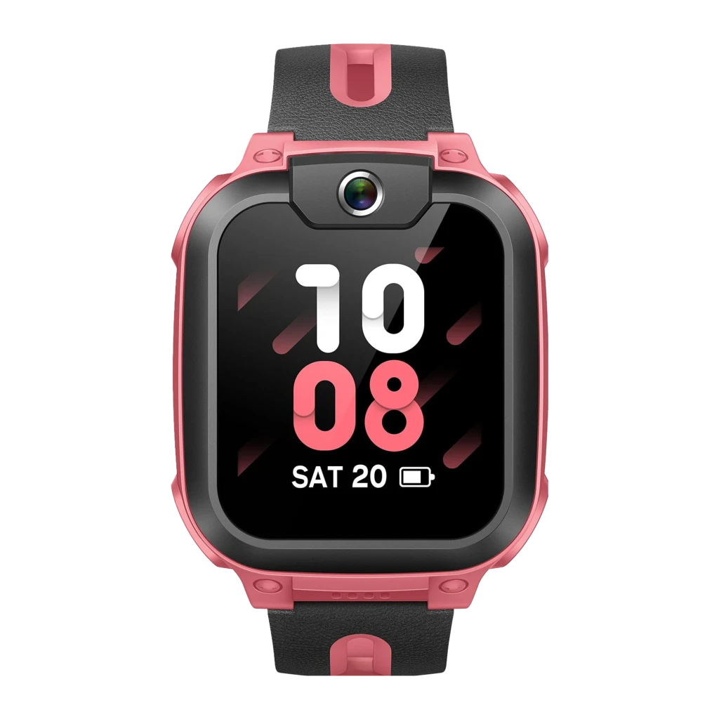 imoo Watch Phone Z1 rose, vue de face en angle: écran avec appel vidéo entrant, caméra frontale et bracelet bicolore - Ítem1